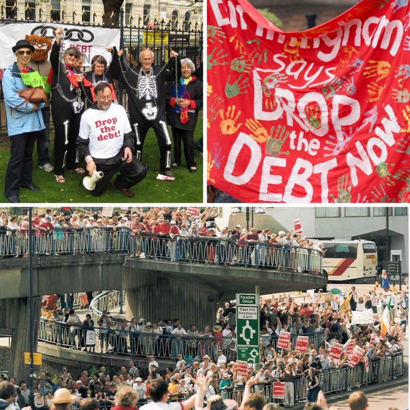 3 photos in a collage, one is a small group of people, one is a banner, one is snapshot of thousands of people surrounding Birmingham