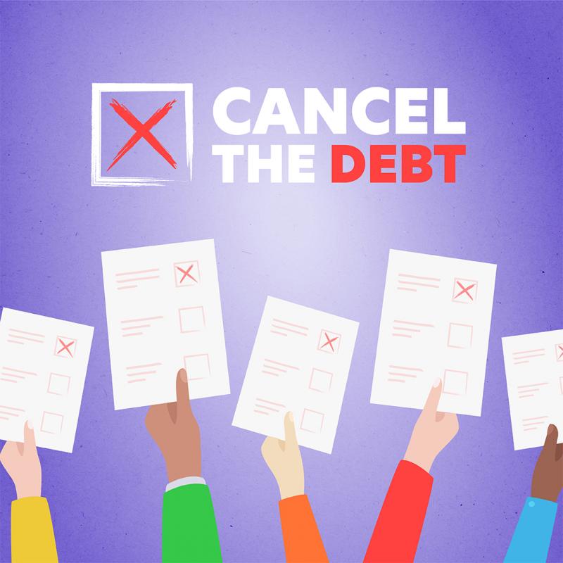Hands holding ballot papers with text reading: Cancel the debt this election